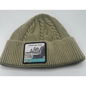 Wild Lama Olive Cable Knit Beanie With Torres Del Paine Patch